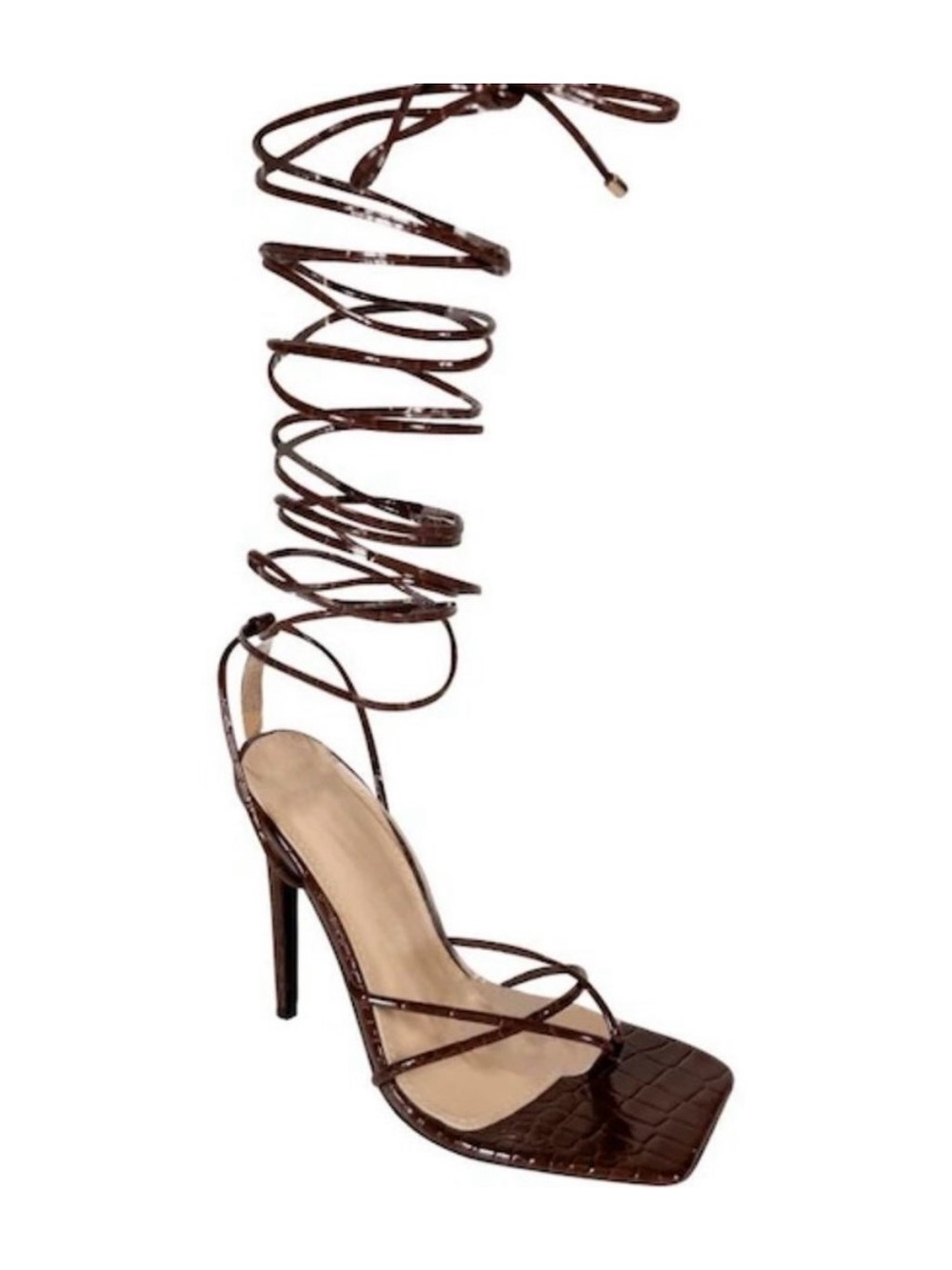 Azalea Wang Brown Croc-Embossed Wraparound Lace-Up Stiletto Sandal